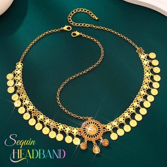 Sequins Head Chain Gold Festival Boho Headpiece for Women Girls One Size main image 4